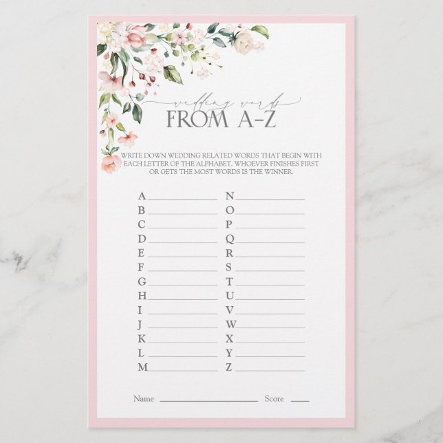 Elegant Pink Watercolor Floral Bridal Shower Game (Front)