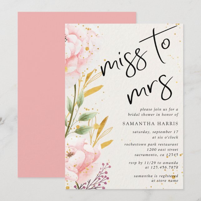 Elegant Pink Watercolor Floral Bridal Shower Invitation (Front/Back)