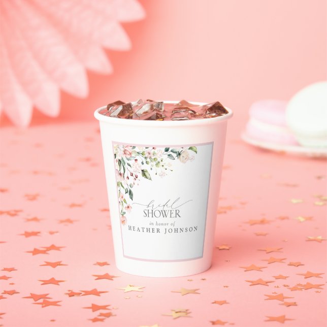 Elegant Pink Watercolor Floral Bridal Shower Paper Cups (Insitu)