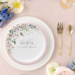 Elegant Pink Watercolor Floral Bridal Shower Paper Plate<br><div class="desc">A unique bridal shower paper plate, this trendy design features a floral bouquet of soft, watercolor roses in shades of blush pink, peach, and white, with lush green botanical leaves in shades of love and eucalyptus, and bordered in pink. Part of a coordinated suite. See full collection here: https://www.zazzle.com/collections/elegant_pink_watercolor_floral_bridal_shower-119520534388034363 Contact...</div>