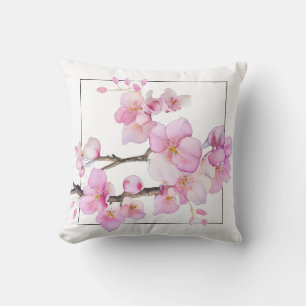 Elegant pink watercolor floral cherry blossoms cushion
