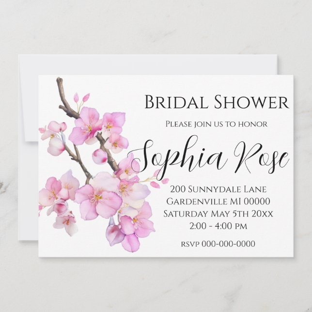 Elegant pink watercolor floral cherry blossoms invitation (Front)