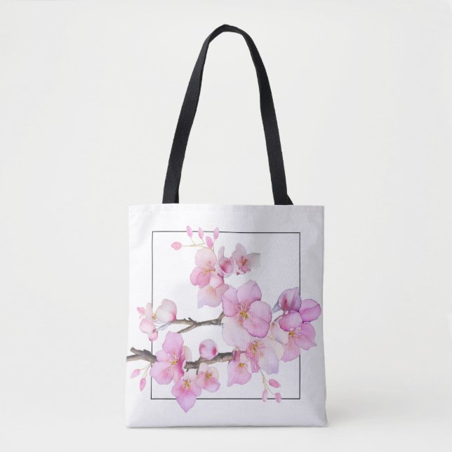 Elegant pink watercolor floral cherry blossoms tote bag (Front)