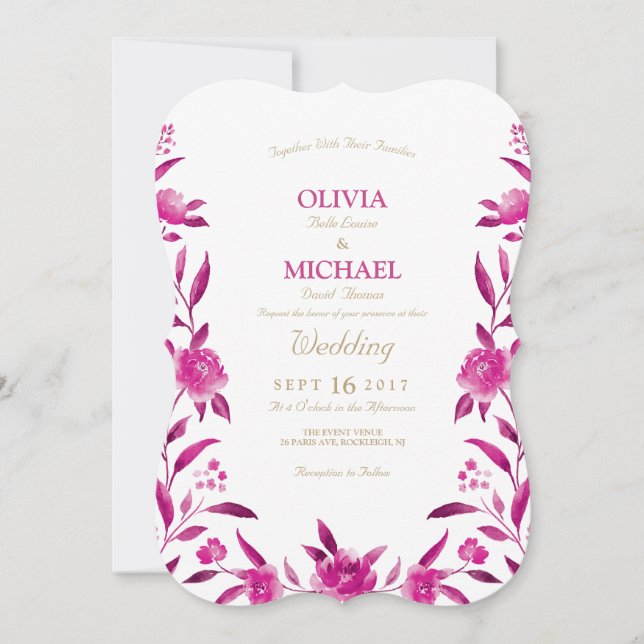 Elegant pink Watercolor floral Chinoiserie Wedding Invitation (Front)