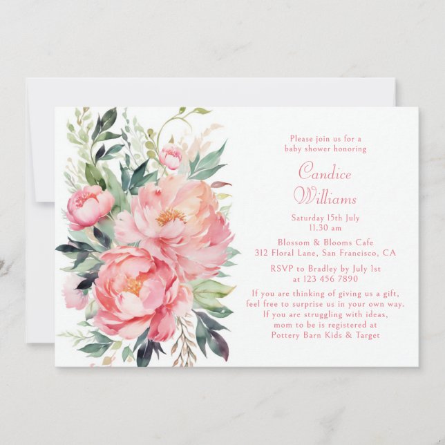 Elegant Pink Watercolor Floral Couples Baby Shower Invitation (Front)
