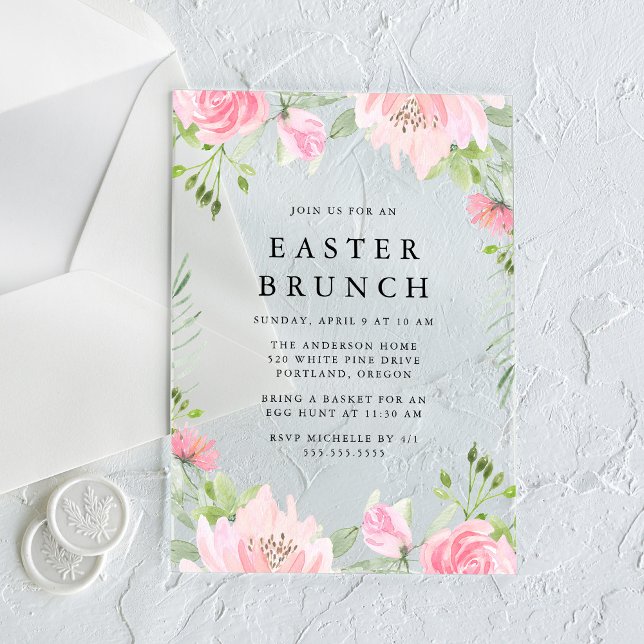 Elegant Pink Watercolor Floral Easter Brunch Acrylic Invitations (Creator Uploaded)