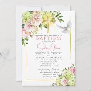 Elegant Pink Watercolor Floral Girl Baptism Invita Invitation