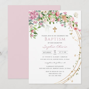 Elegant Pink Watercolor Floral Girl Baptism Invita Invitation