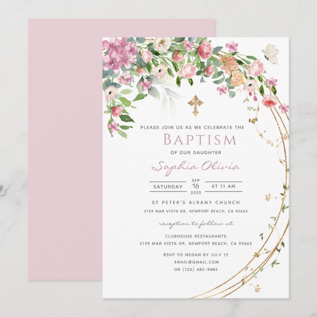 Elegant Pink Watercolor Floral Girl Baptism Invita Invitation (Front/Back)