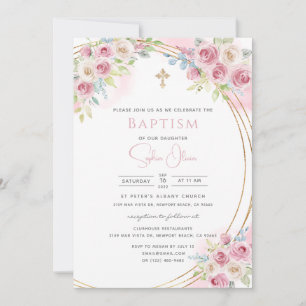 Elegant Pink Watercolor Floral Girl Baptism Invita Invitation