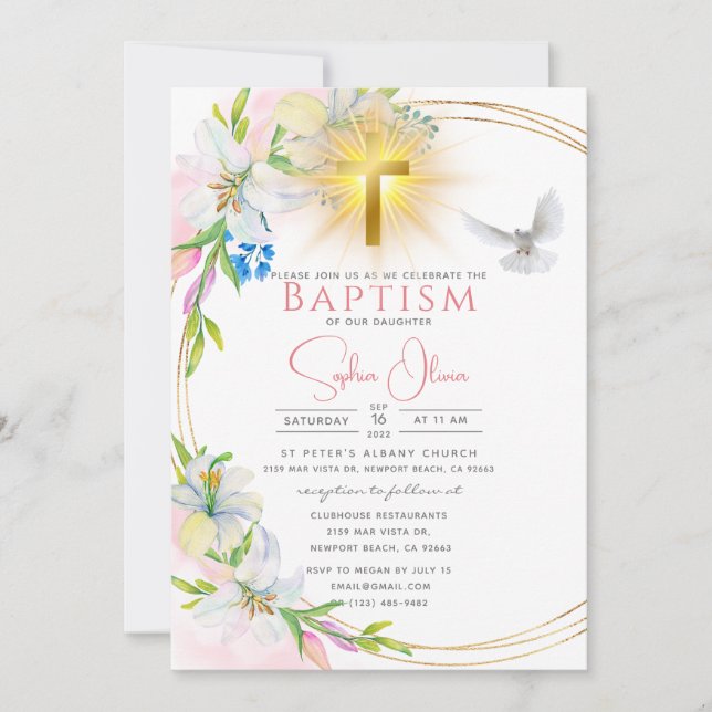 Elegant Pink Watercolor Floral Girl Baptism Invitation (Front)