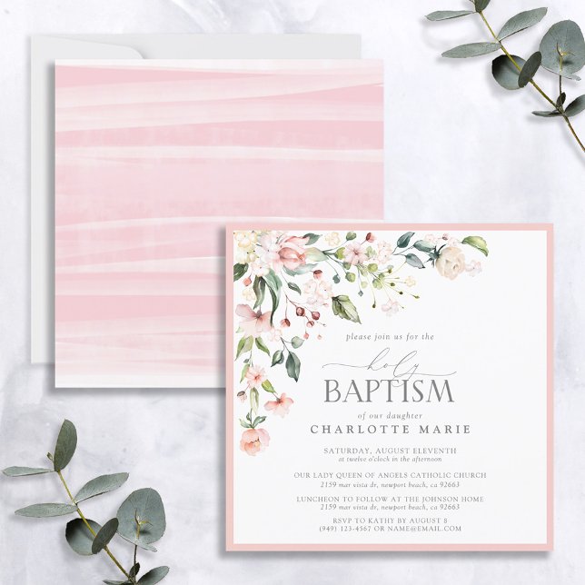 Elegant Pink Watercolor Floral Girl Baptism Invitation (Creator Uploaded)