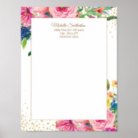 Elegant Pink Watercolor Floral Glitter Letterhead