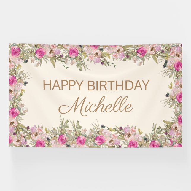 Elegant Pink Watercolor Floral Happy Birthday Banner (Horizontal)