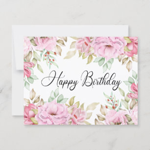 Elegant Pink Watercolor Floral Happy Birthday Card