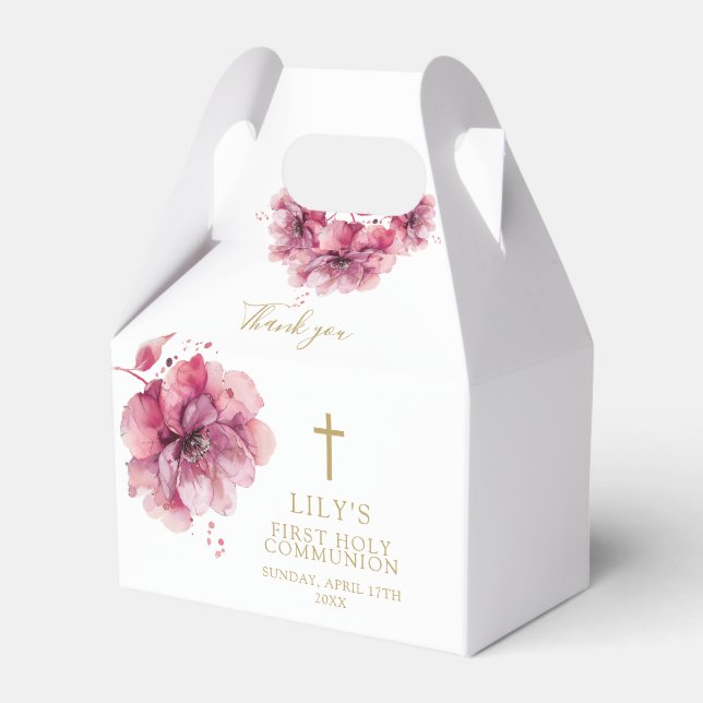 Elegant Pink Watercolor Floral Holy Communion Favour Box (Front Side)