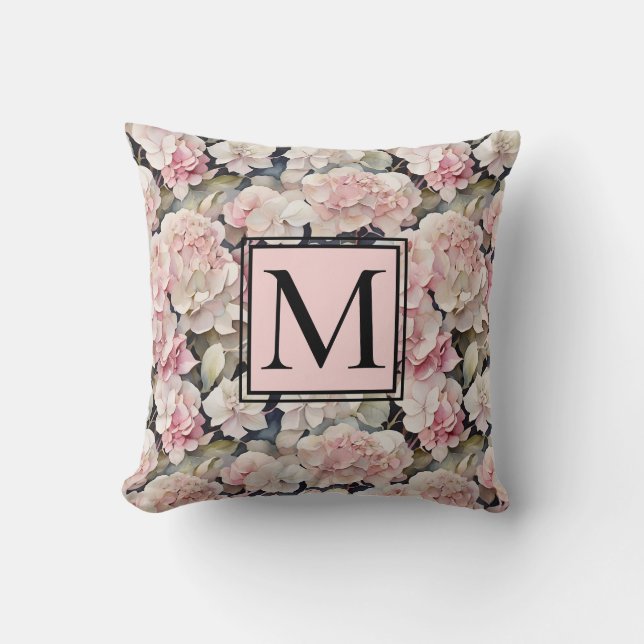 Elegant pink watercolor floral hydrangeas  cushion (Front)