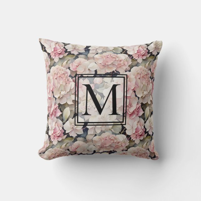Elegant pink watercolor floral hydrangeas  cushion (Front)