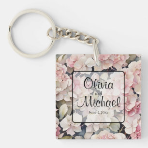 Elegant pink watercolor floral hydrangeas key ring