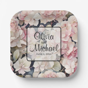 Elegant pink watercolor floral hydrangeas paper plate