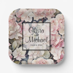 Elegant pink watercolor floral hydrangeas paper plate