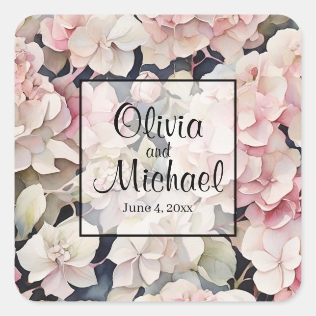 Elegant pink watercolor floral hydrangeas  square sticker (Front)