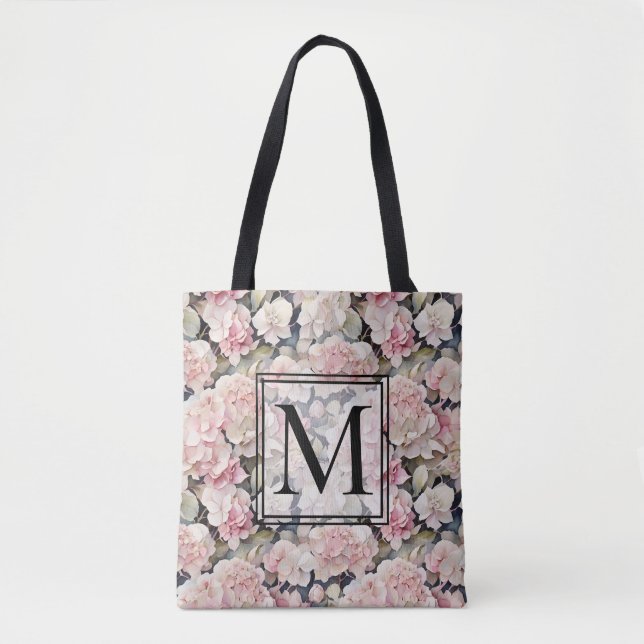 Elegant pink watercolor floral hydrangeas  tote bag (Front)
