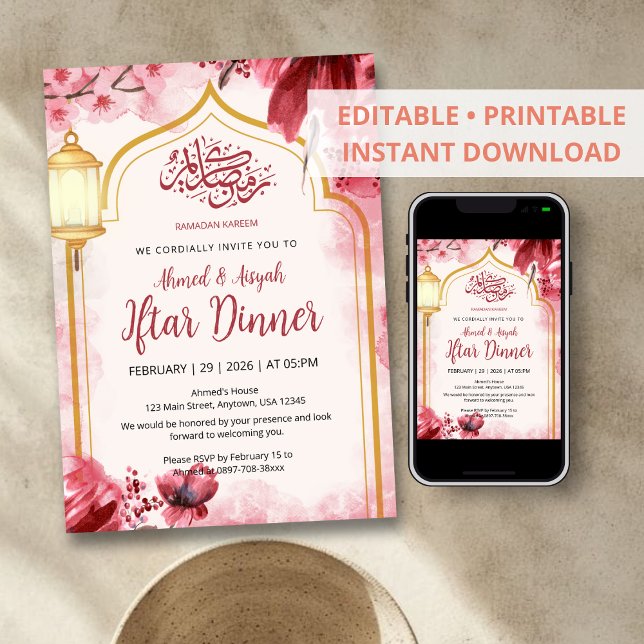 Elegant Pink Watercolor Floral Iftar Invitation (Creator Uploaded)