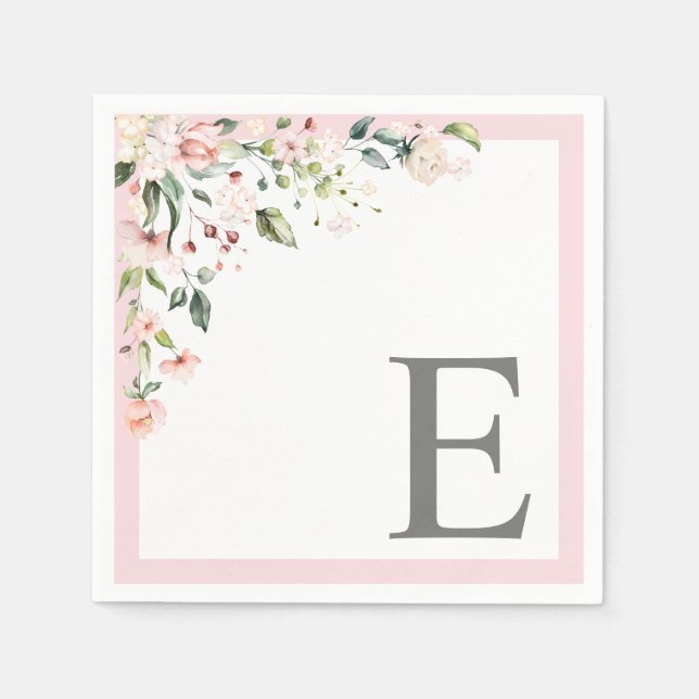 Elegant Pink Watercolor Floral Initial Monogram Napkin (Front)