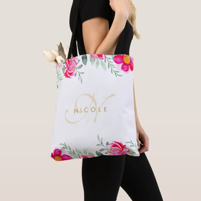 Elegant Pink Watercolor Floral Monogram Name Tote Bag (Close Up)