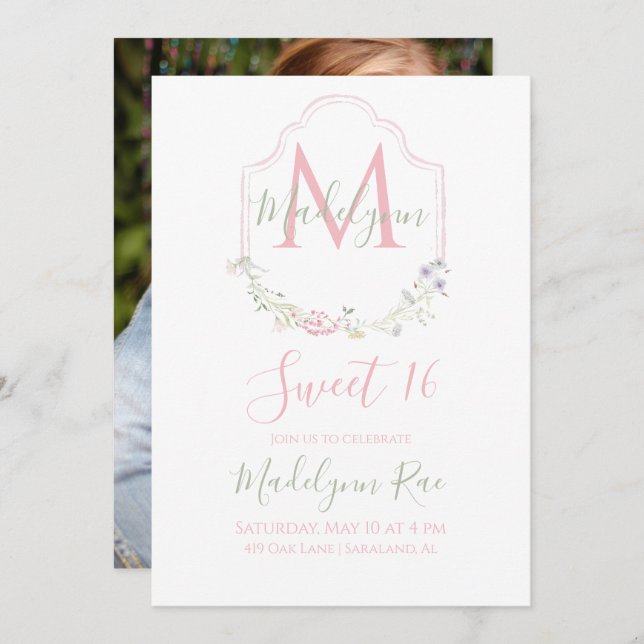 Elegant Pink Watercolor Floral Monogram Sweet 16  Invitation (Front/Back)