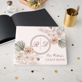 Elegant Pink Watercolor Floral Monogram Wedding Guest Book