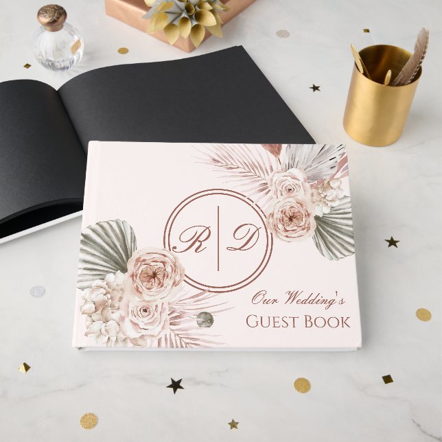 Elegant Pink Watercolor Floral Monogram Wedding Guest Book (Front Open)