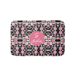 Elegant Pink Watercolor Floral Monogrammed Name Bath Mat