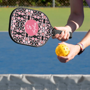 Elegant Pink Watercolor Floral Monogrammed Name Pickleball Paddle