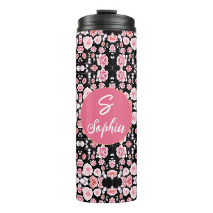 Elegant Pink Watercolor Floral Monogrammed Name Thermal Tumbler