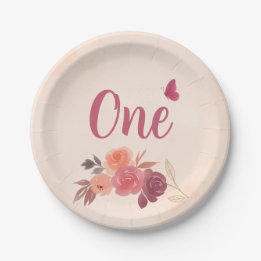 Elegant Pink Watercolor Floral One 1st Birthday  Paper Plate