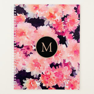 Elegant Pink Watercolor Floral Pattern Monogram Planner