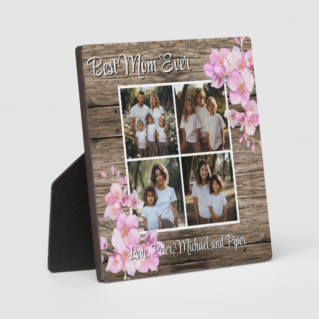 Elegant pink watercolor floral personalise 4 photo plaque (Front)
