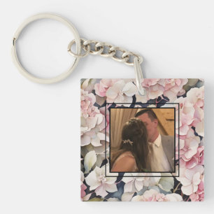 Elegant pink watercolor floral personalise photo key ring