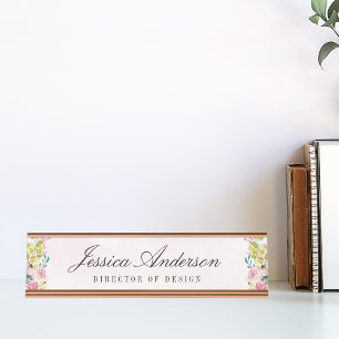 Elegant Pink Watercolor Floral Personalised Desk Name Plate