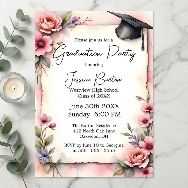 Elegant Pink Watercolor Floral Roses Graduation Invitation (Creator Uploaded)