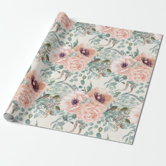 Elegant Pink Watercolor Floral Sage Green Leaves Wrapping Paper