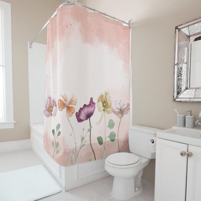 Elegant Pink Watercolor Floral Shower Curtain (In Situ)