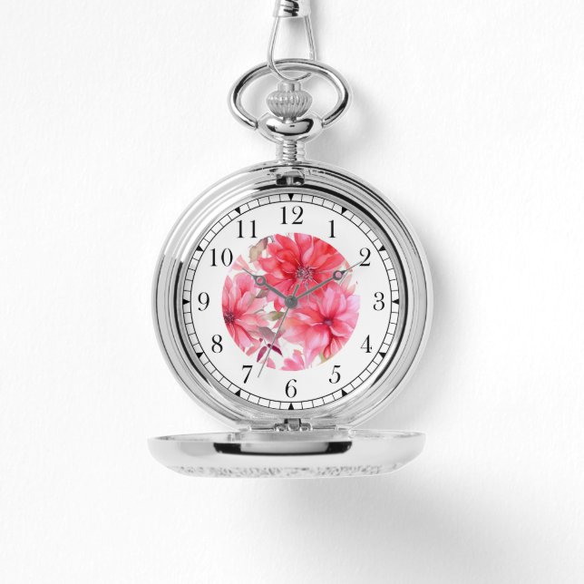 Elegant Pink Watercolor Floral Stylish Chic Womans Watch (Front)