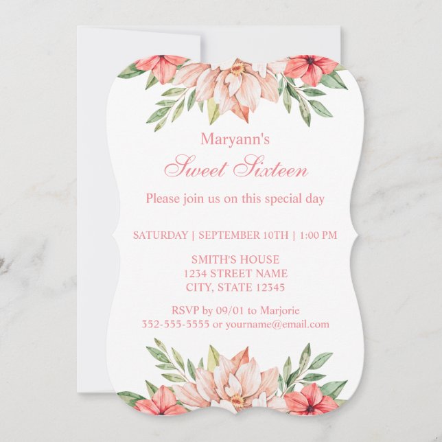 Elegant Pink Watercolor Floral Sweet 16 Invitation (Front)
