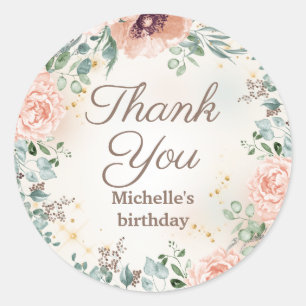 Elegant Pink Watercolor Floral Thank You Classic Round Sticker