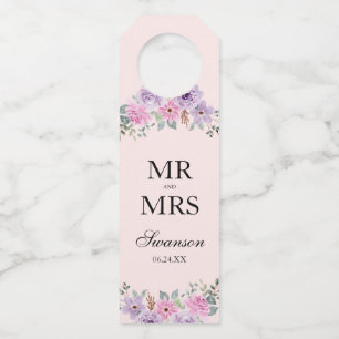 Elegant Pink Watercolor Floral Wedding Bottle Tag