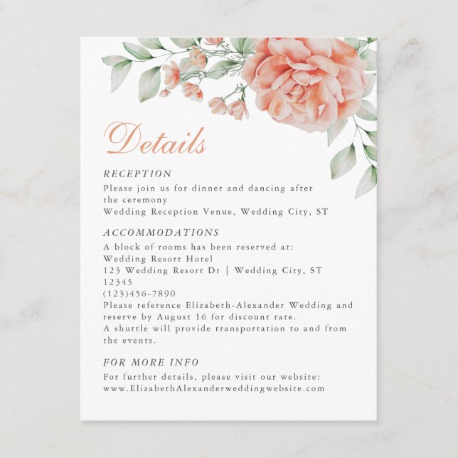Elegant Pink Watercolor Floral Wedding Details Enclosure Card (Front)