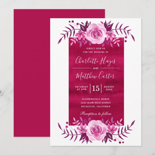 Elegant Pink Watercolor Floral Wedding Invitation (Front/Back)